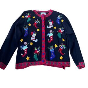 VTG Women's Christmas Cardigan Ugly Sweater XL Holiday Party Bells Black Y2K